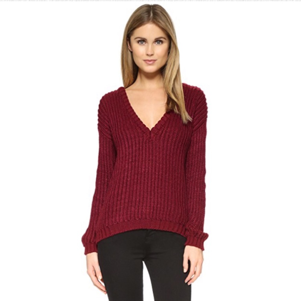 Faithfull the Brand Burgundy V-Neck Chunky Knit Sweater
